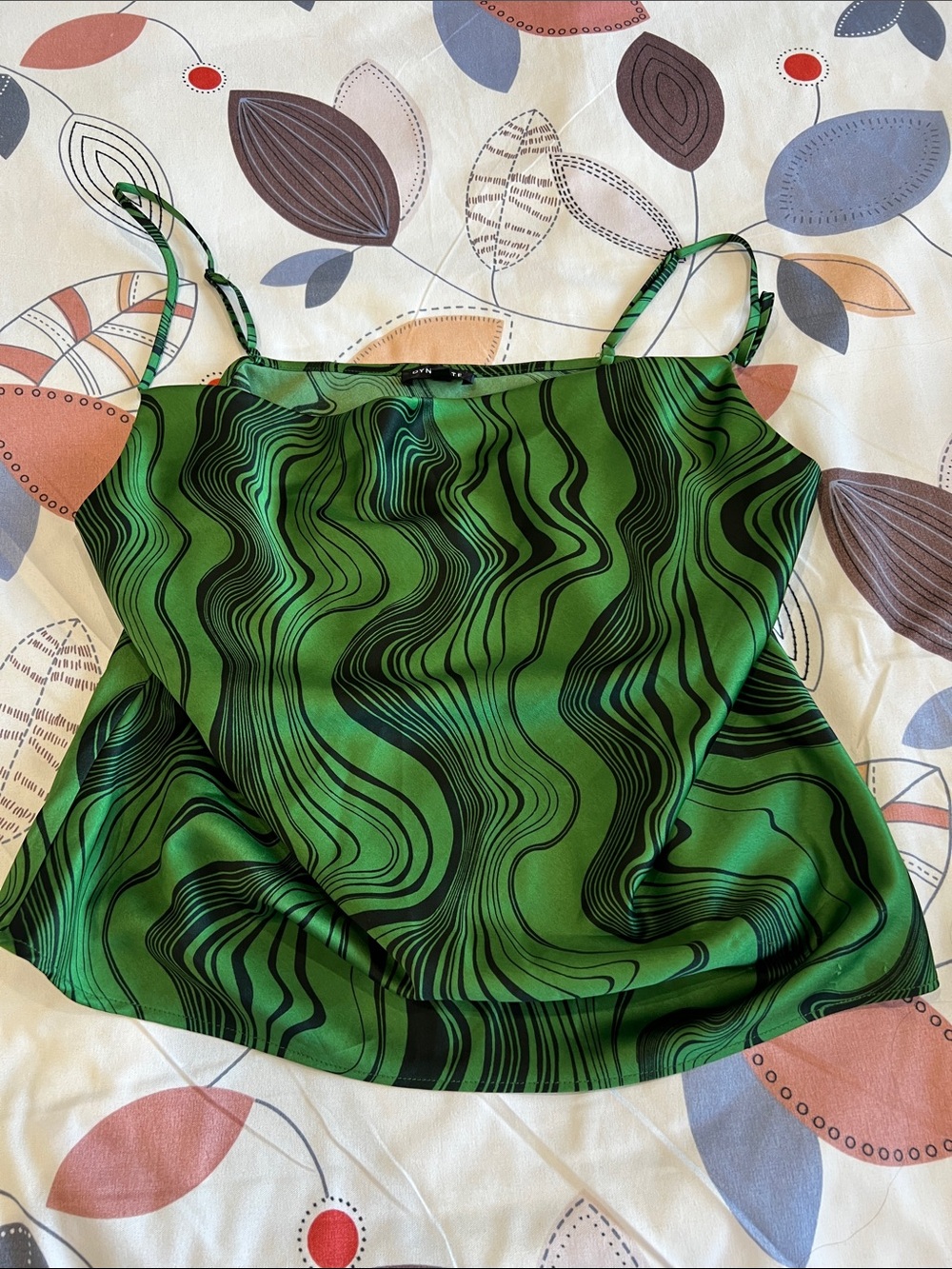 Dynamite Green Satin Cami with Black Swirl Print